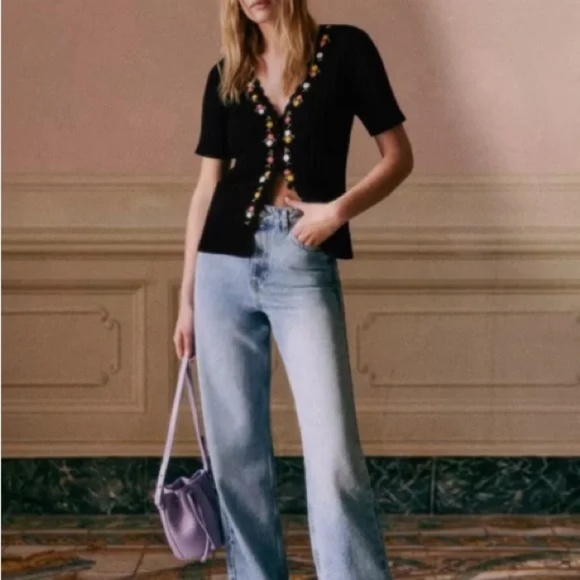 SEZANE Black Floral Embroidered Short Sleeve Ribbed Knit Iliana Cardigan M - Picture 3 of 5